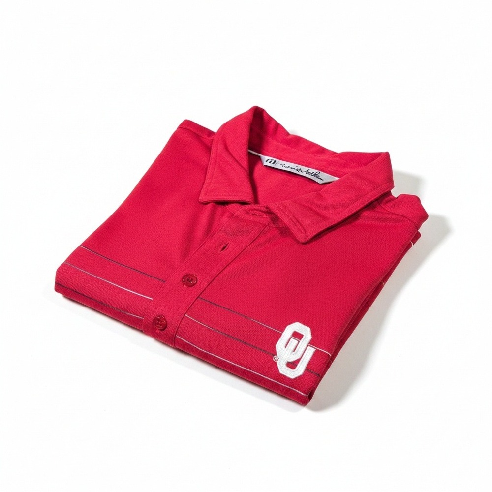 TravisMathew Oklahoma Sooners OU Polo Shirt Mens L Red Striped Golf Performance